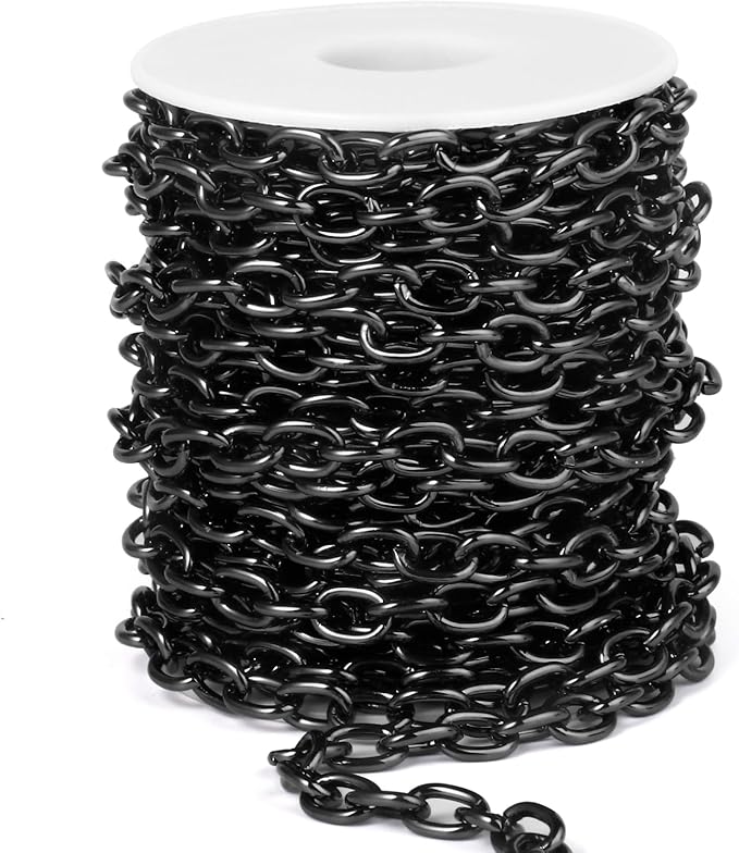 33 Feet Black Rolo Cable Chains Roll, 7.5 MM Black Plated Aluminium Oval Cable O Links Chain Bulk Spool for Jewelry Making DIY Craft
