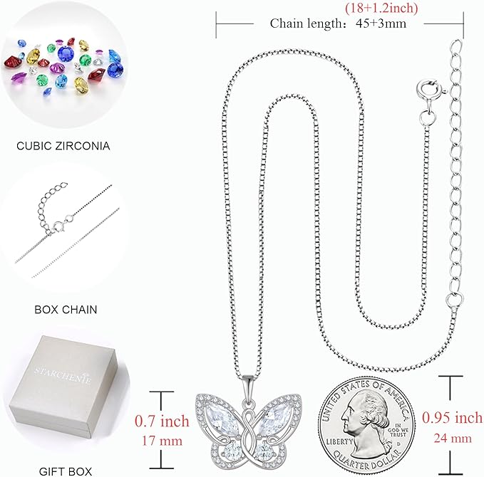 STARCHENIE Butterfly Necklace Earrings for Women 925 Sterling Silver Birthstone Cubic Zirconia Butterfly Jewelry Set Gifts