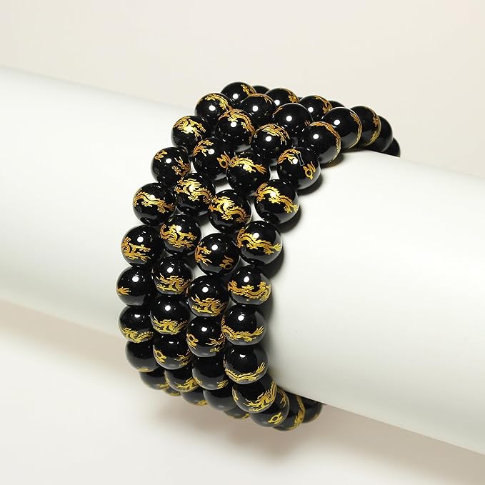 MJDCB Natural Stone Beads 8mm 43pcs Round Black Onyx Carved Dragon Loose Gemstone Bead Charms for Jewelry Making Bracelet Necklace Earring Pendant