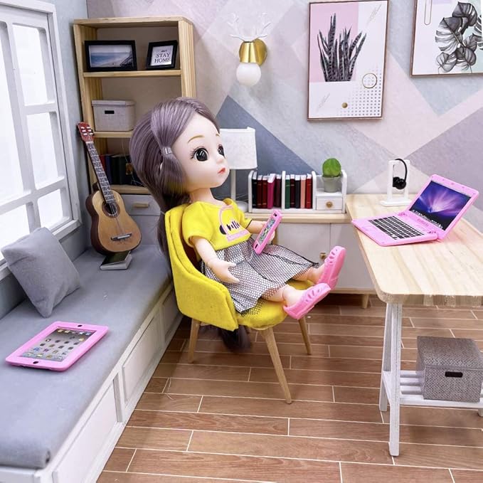 3 Pack Dollhouse Mini Laptop Tablet and Smart Phone Scene Computer Simulation Accessories for Doll 1/6 1/12 Miniatures Silver