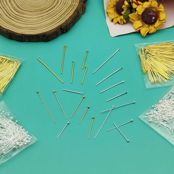 2000Pcs Assorted Head Pins Set for Jewelry Making,Jewelry Head Pins Kit Includes 1000Pcs Ball Head Pins 1000Pcs Flat Head Pins Eye Pins for Jewelry Finding,DIY Crafts(Silver,Gold)