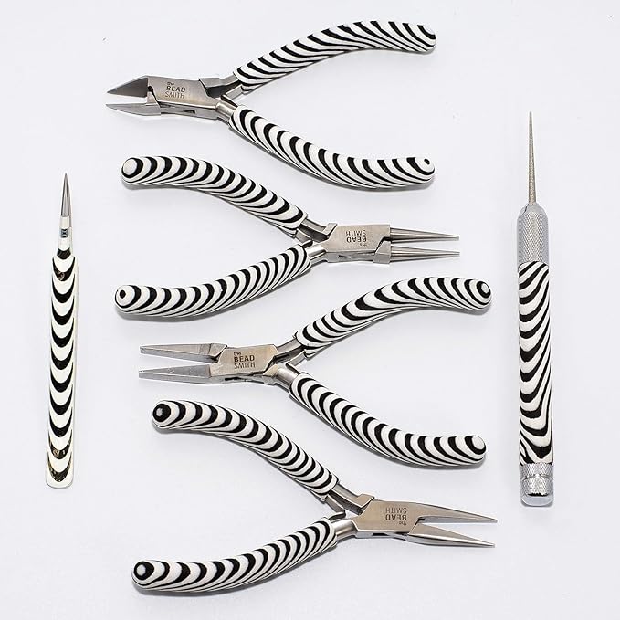 The Beadsmith Zebra Print Tool Kit – 6 Pieces: Chain, Round, and Bent Chain Nose w/Side Cutter, Tweezers, & Reamer with Zippered Pouch, 5-Inch Each
