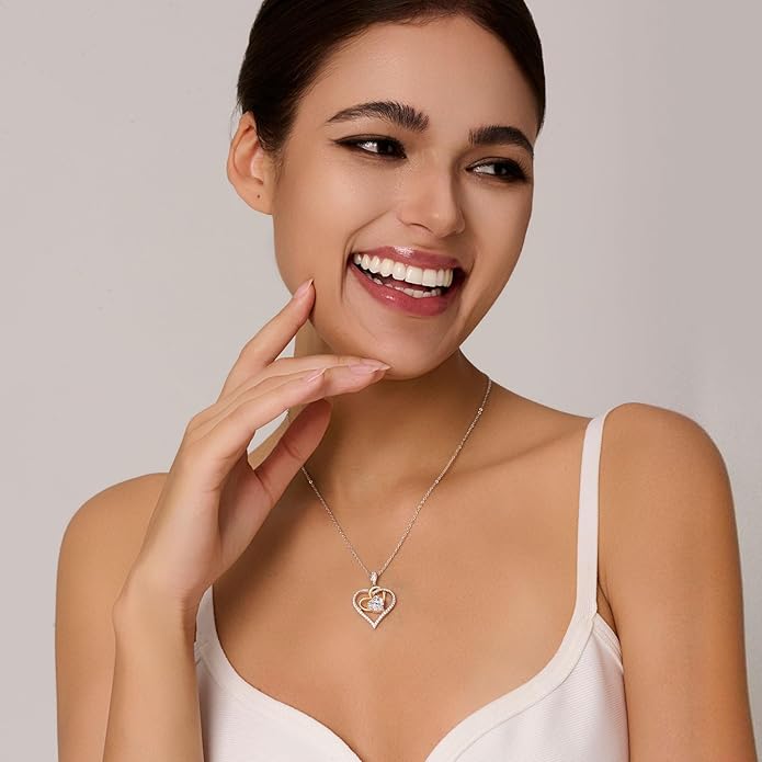 OOBEE Birthstone Necklaces for Women, 925 Sterling Silver Gemstone Fine Love Heart Moissanite Necklace, Ideal Birthday Anniversary Mothers Day Jewelry Gifts for Wife Mom Girlfriend Her