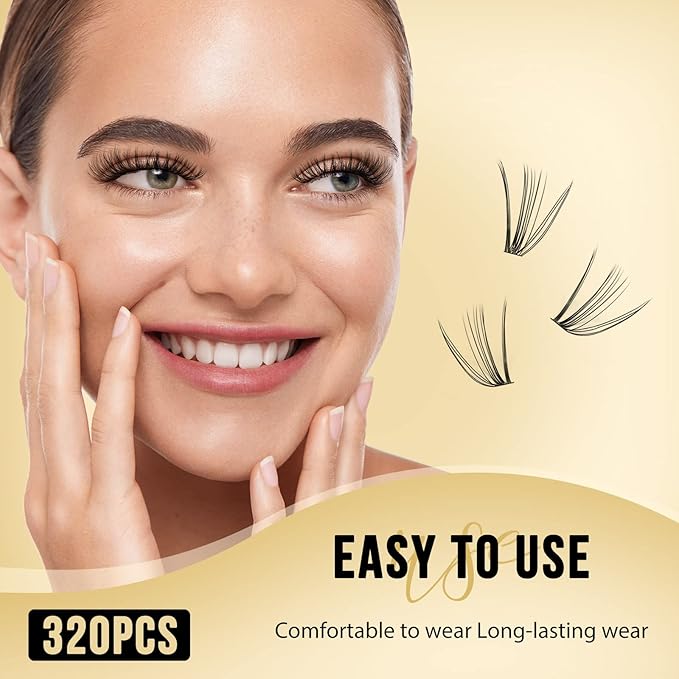 QUEWEL Lash Clusters 320Pcs Cluster Lashes 20D D Curl Lash Cluster Eyelash Extensions Mix9-16mm Individual Eyelashes Clusters Wispy Lash Clusters Thin Band Soft to Use at Home(20D D Mix9-16)