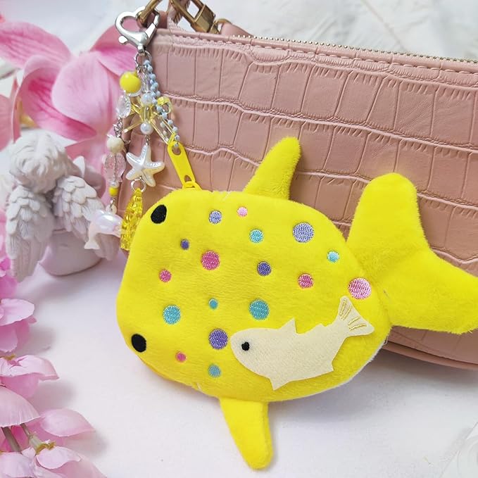 Adorable Whale Shark Coin Purse Keychain,Soft Plush Zipper Coin Purse,Handmade Purse Bag Charm Gift for Women (Yellow)