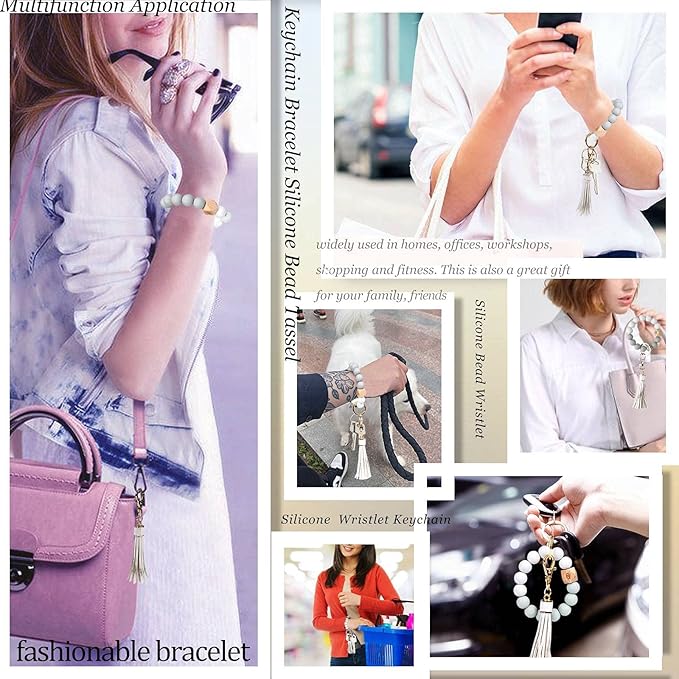 BIHRTC Key Ring Bracelet Car Keychain Holder Wristlet Silicone Women Beaded Bangle Chains