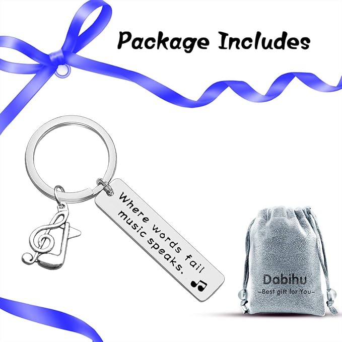 Dabihu Music Keychain Gift Where Words Fail Music Speaks Keyring Music Lover Gift Music Note Keychain Gift for Music Teacher Student Musicians Jewelry Inspirational Gift Music Key Ring