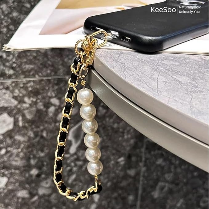 Original Korean Chic Pearl Gold Leather Phone Charm, Versatile with Premium Gold Metal Phone Tab (Lustrous Silver)
