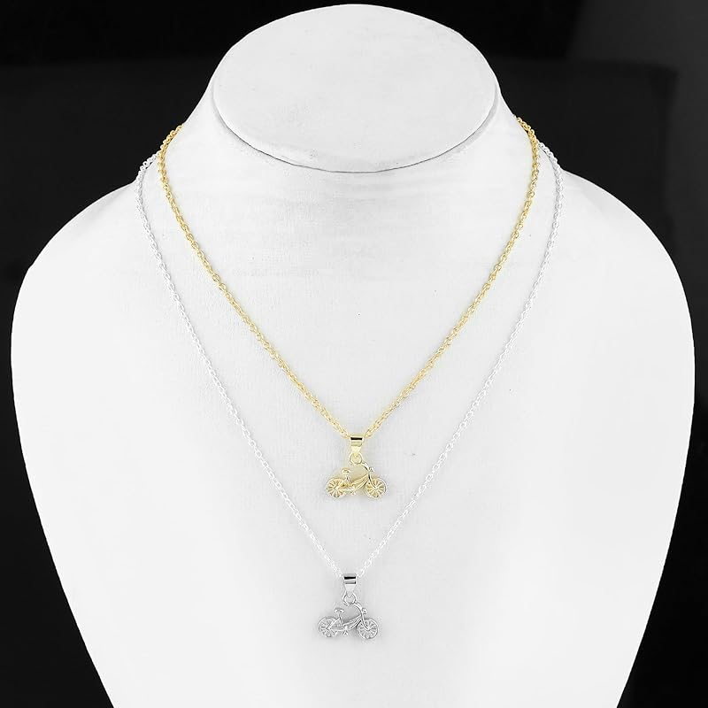 JOR Cycle Charm Pendant Necklace, Athlete Sport Charm, Men and Women Unisex Jewelry, Dainty Gold & Silver Plated Combo Chain 18 inch (Pack of 2)