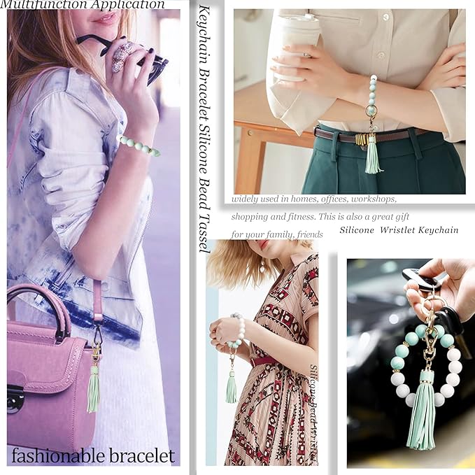 BIHRTC Key Ring Bracelet Car Keychain Holder Wristlet Silicone Women Beaded Bangle Chains