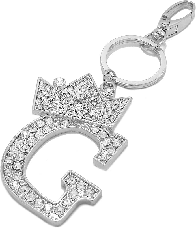 CBC Crown Crystal Rhinestone Letter Initial Keychain, Gold Metal, Bag Charm with Key Ring Approx. 2.17" x 2.56"