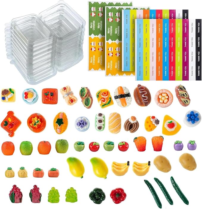 75Pcs Miniature Supermarket Food Lunch Box Dollhouse Kitchen Set Mini Takeaway Snacks Resin Fruit Crisper Accessories Bread Pretend Play Toys Grocery Store Kids Shopping Model Tableware Vegetables