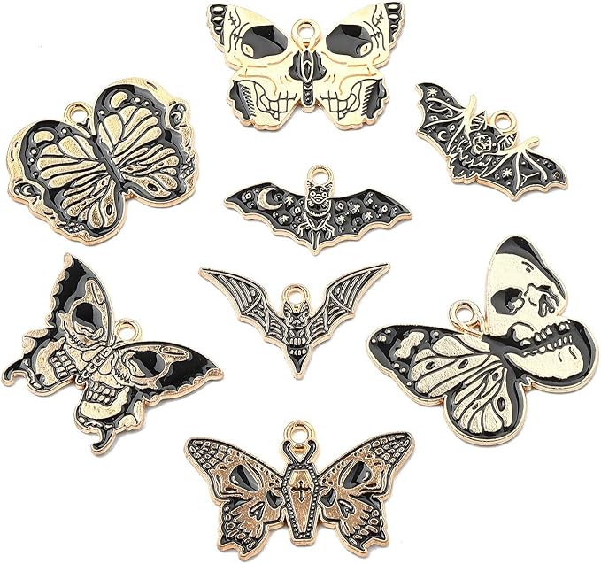 Stiesy 40 Pcs 8 Styles Gothic Style Black Enamel Butterfly Charms Animal Bat with Skull Pendant Metal Charm for Jewelry Making Crafts DIY Bracelets Necklace Earring