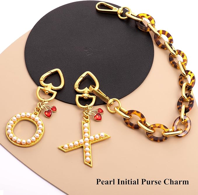 Pearl Initial Keychain with Leopard Bag Charms Wallet Chain Women Cute Alphabet Keychains Charm for Purse Handbag