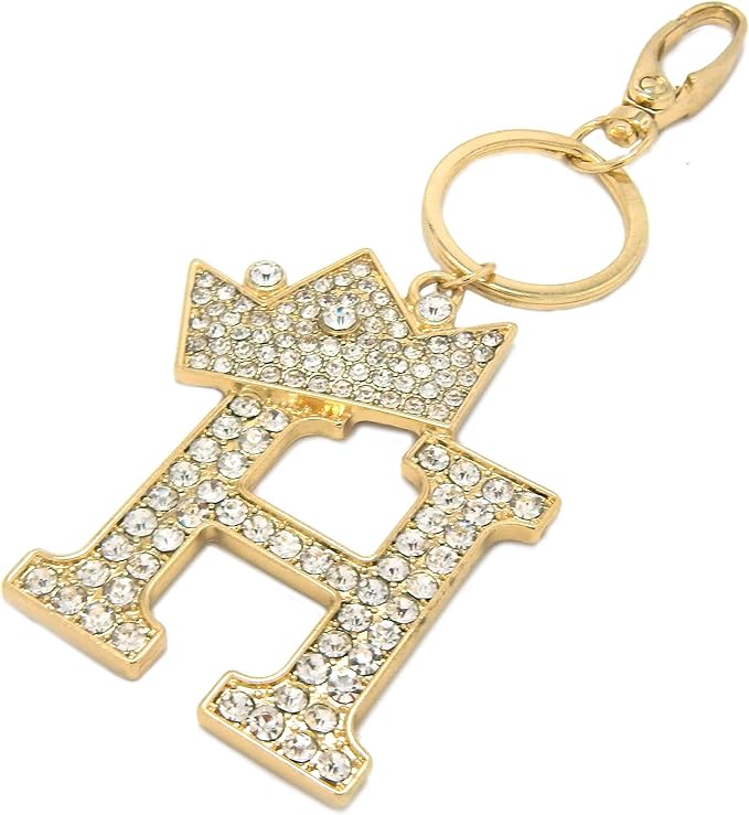 CBC Crown Crystal Rhinestone Letter Initial Keychain, Gold Metal, Bag Charm with Key Ring Approx. 2.17" x 2.56"