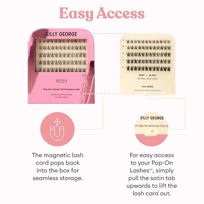 Silly George Pop-On Lashes - DIY 1-Step Pre-Glued Faux Eyelash Clusters, Natural Look Extensions, Black - Rosy, 5-7 Pair Set, Pack of 60 Clusters