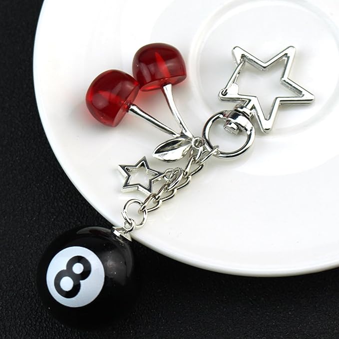 Lucky Dice Cherry Magic 8 Ball Keychain Billiard Ball Star Cherry Bags Charms Cute Y2k Keychain for Women Men