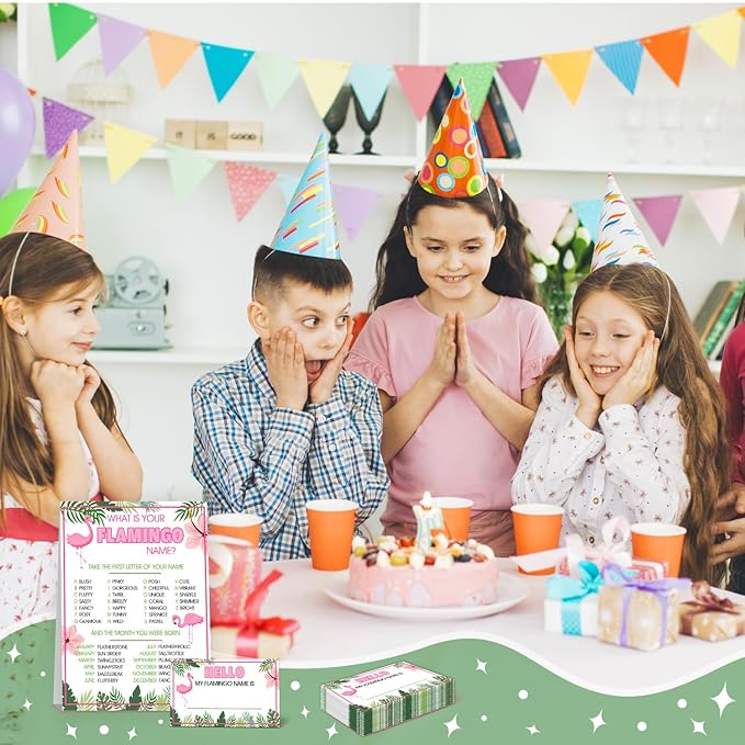 Flamingo Birthday Decorations, Flamingoes Theme Party Sign for Boys Girls,Kids Activity Cards, What's Your Flamingo Name Game, Activity Supplies