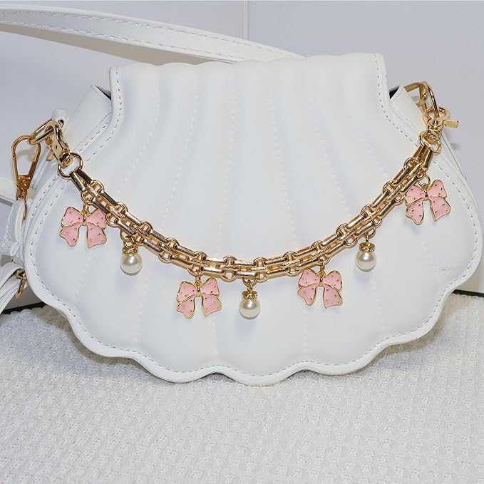 Cute Cherry Bag Chain Keychain with Pearl, Pink Bow Purse Charm, Trendy Handbag Bag Charm Keychain Accessories for Women