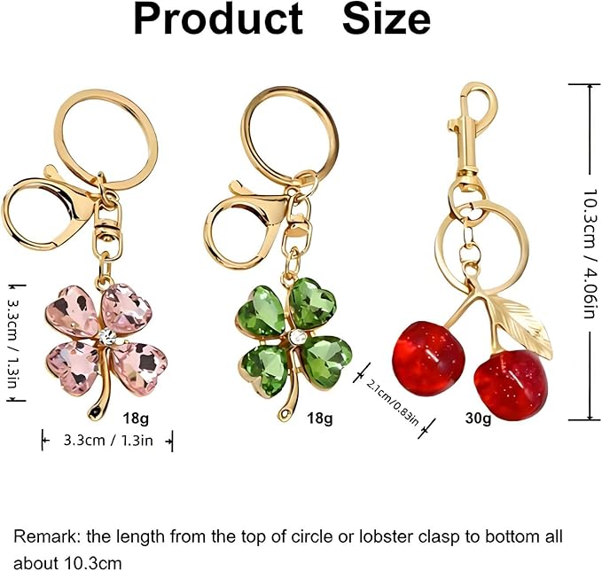 Four Leaf Clover Cherry Bag Charm Keychain,Cute Cherry Purse Charm,Clover Handbag Keychain,keyring for Women 3pcs