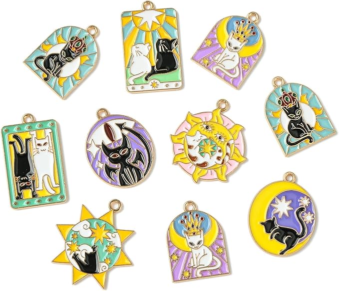 Stiesy 40 Pcs 8 Styles Alloy Enamel Black White Cat Tarot Card Charm Pendant Sun Shape Divination Amulet Metal Charms Pendants Bulk for Bracelet Jewelry Making Crafting DIY Decor