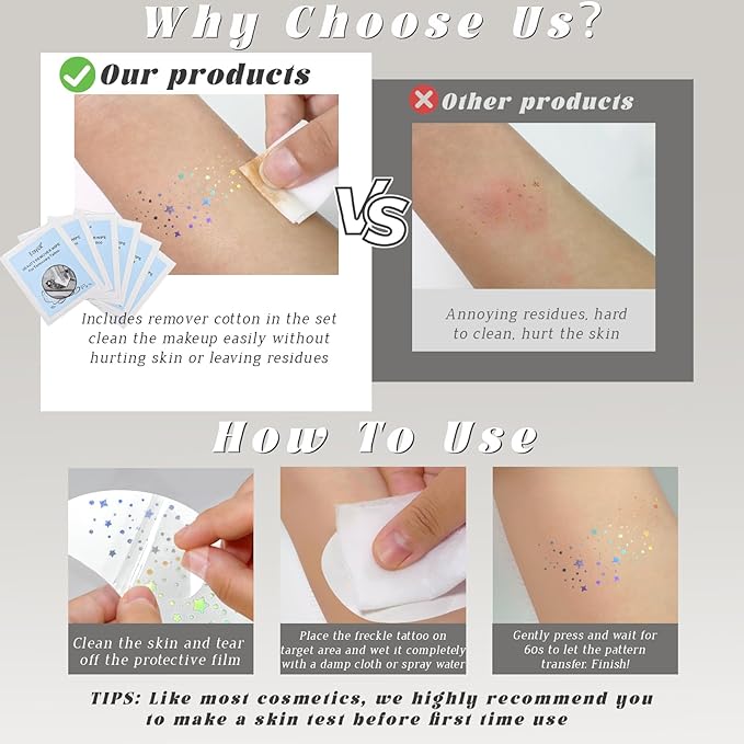 HOSAILY 12 pcs Holographic Multichrome Glitter Freckles Face Tattoo, Waterproof Sparkle Face Glitter Speckles Patches for Women, Cute Star Glitter Temporary Tattoo Makeup Accessories for Festival Rave