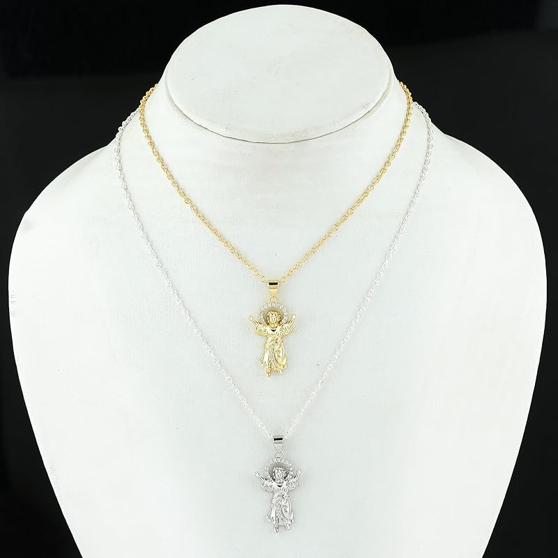 JOR Jejus Charm with CZ Pendant Necklace, Spiritual Charm, Men & Women Unisex Jewelry, Dainty Gold & Silver Plated Combo Chain 18 inch (Pack of 2)