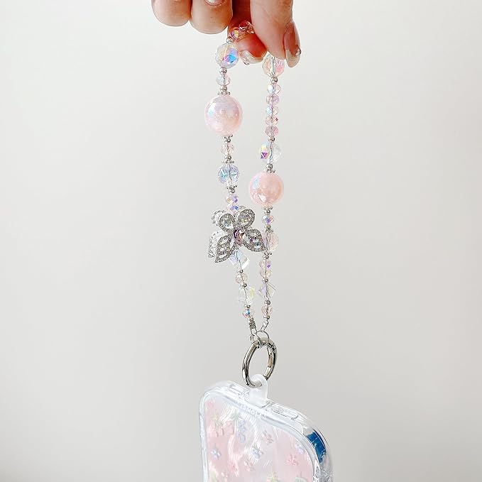 Crystal Butterfly Phone Charm, Pink Pearl Beaded Lanyard, Bling Shiny Wrist Strap Keychain for Purse Bags Car keys Earphones