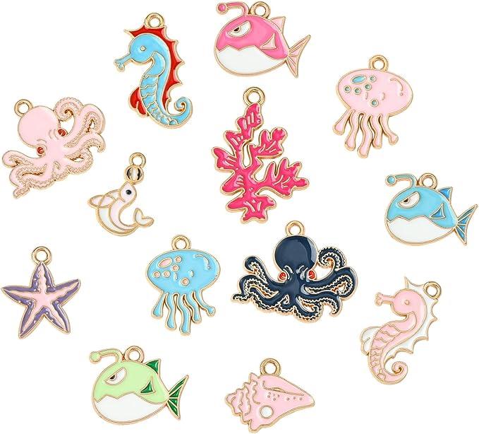 Stiesy 100 Pcs 20 Styles Sea Animal Enamel Metal Charm Pendant Starfish Shell Fish Sea Horse Ocean Animals Alloy Charms Bulk for Jewelry Making DIY Bracelet Earring Necklace Crafting