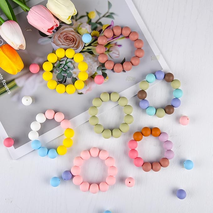 ASTARON 100 Pcs 15mm Silicone Beads for Keychain Making, Red Pink Black White Silicone Beads Bulk Round Beads for Bracelets Pens Crafts Supplies