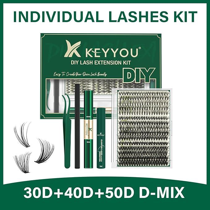 KEYYOU Lash Extension Kit DIY 300Pcs Lash Clusters Eyelash Extension Kit Lash Clusters Kit with Lash Glue Remover Applicator Easy to Use for Beginners(Kit,30D40D50D-D,8-16MIX)