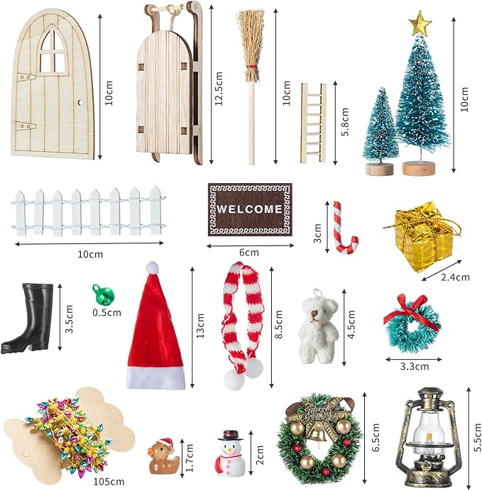 61Pcs Doll House Christmas Hat Decoration Miniature Dollhouse Accessories String Fake Light Door Mini Xmas Tree 1:12 Model Pretend Toys DIY Festival Party Wreath Snowman Fairy Cane Candy Garden