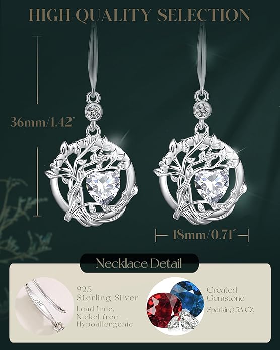 FANCIME Tree of Life Dangle Drop Earrings 925 Sterling Silver Dainty Round Gemstone Birthstone Earring Fine Jewelry Birthday Christmas Gifts for Her Women