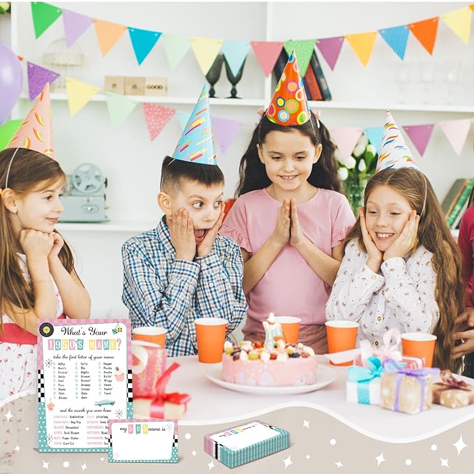 What's Your 1950's Name Game, 1 Double Sided Sign & 30 Sticker Cards, Retro Birthday Party Games for Kids & Adults, Perfect for 50's Sock Hop Themed Party Decorations,5x7 Inch