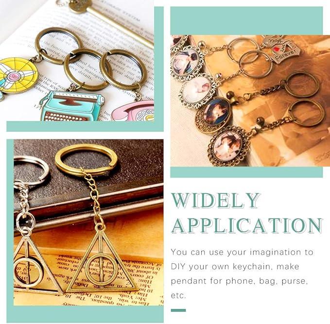 Swpeet 300Pcs 7/5 Inch 35mm Bronze Flat Key Chain Rings Kit, Including 100Pcs Split Keychain Rings with Chain and 100Pcs Jump Ring with 100Pcs Screw Eye Pins Bulk for Jewelry Findings Making