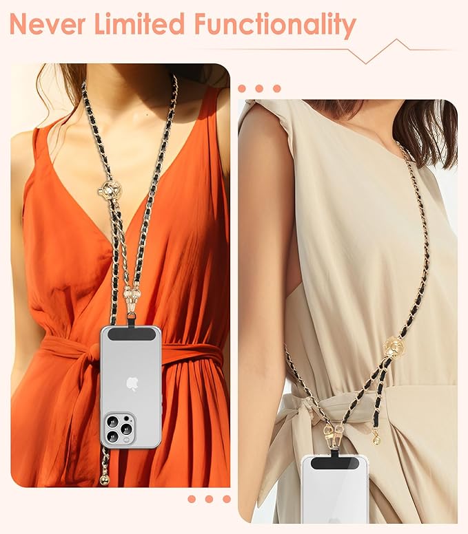MoKo Universal Phone Lanyard, Adjustable Metal Cell Phone Chain Crossbody Strap Anti-Theft Detachable Women Cellphone Lanyards Around the Neck with Patches for iPhone, Most Smartphones,Black