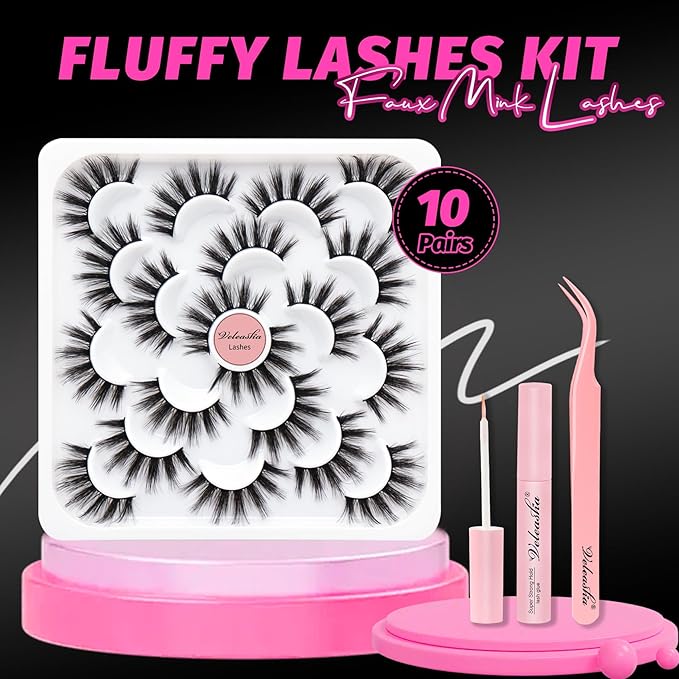 Veleasha Lashes 3D Fluffy False Eyelashes 10 Pairs Soft Faux Mink Lashes Lightweight Fake Eyelashes Wispy False Lashes Kit with Lash Glue and Lash Tweezers Handmade Strip Lashes (3D07 Kit)