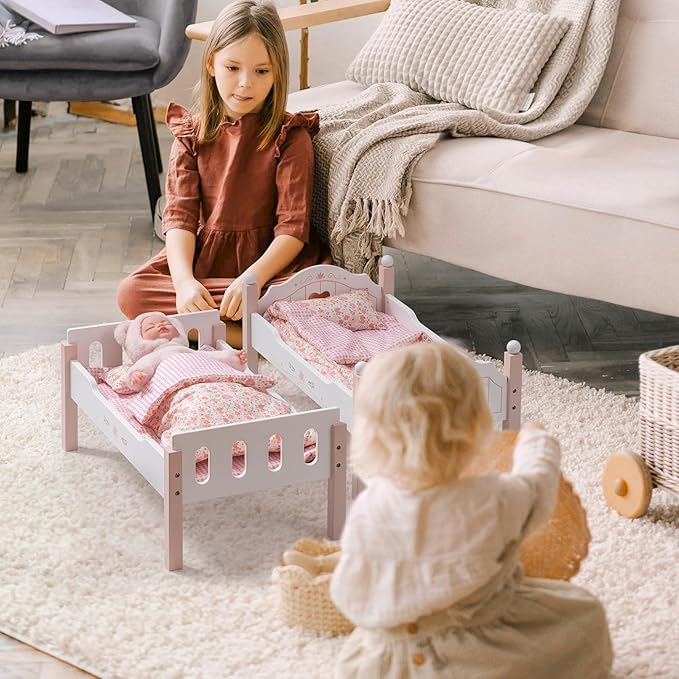 ROBOTIME Baby Doll Bunk Beds, Wooden Baby Doll Crib, Stackable Doll Bed Toy, High18 inch Dolls Furniture Fits American Girl 3+ (Pink, 2 Pcs Beds)