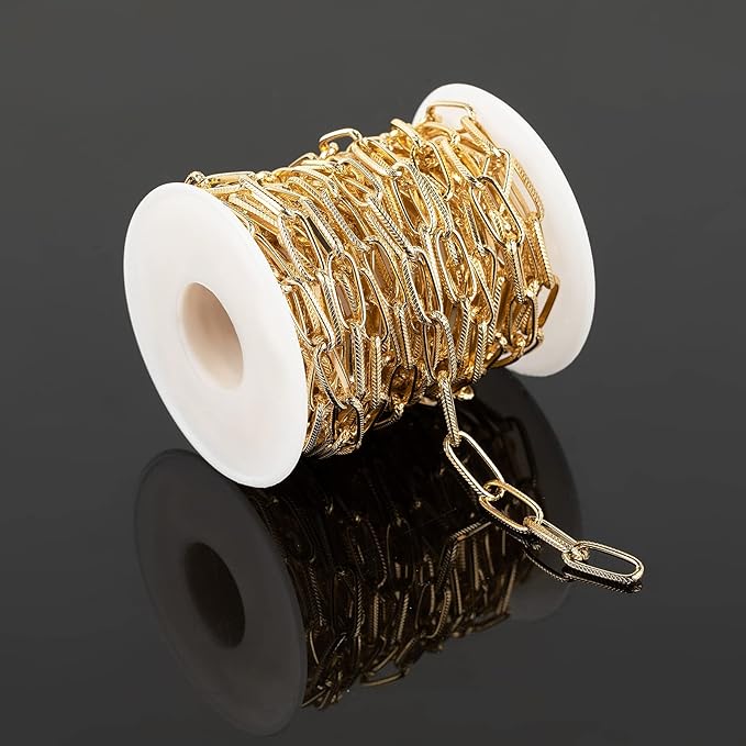 16.4 Feet Aluminum Oval Light Gold Chains for Jewelry Making Unwelded Textured Paperclip Link Cable Chain Roll Necklace Chains Bulk with Lobster Clasps and Jump Rings