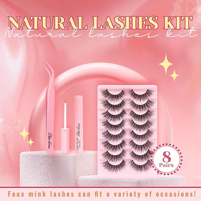Ahrikiss Lashes Fluffy False Eyelashes Cat Eye Lashes 8 Pairs Faux Mink Lashes 5D Full Strip Lashes Kit with Lash Glue and Lash Tweezers Soft Wispy Fake Lashes (Plume)