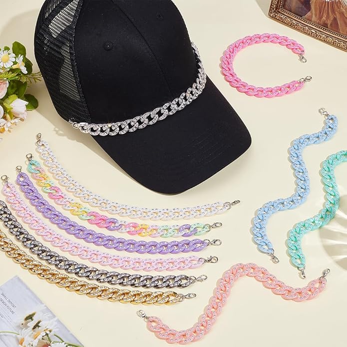 WEBEEDY 12 Pcs Trucker Hat Chains Bulk 12 Colors Acrylic Rhinestone Charms with Lobster Clasps Jewelry Chains for Baseball Hat Decoration Music Festival Party DIY Accessories, 10.6x0.6 Inch