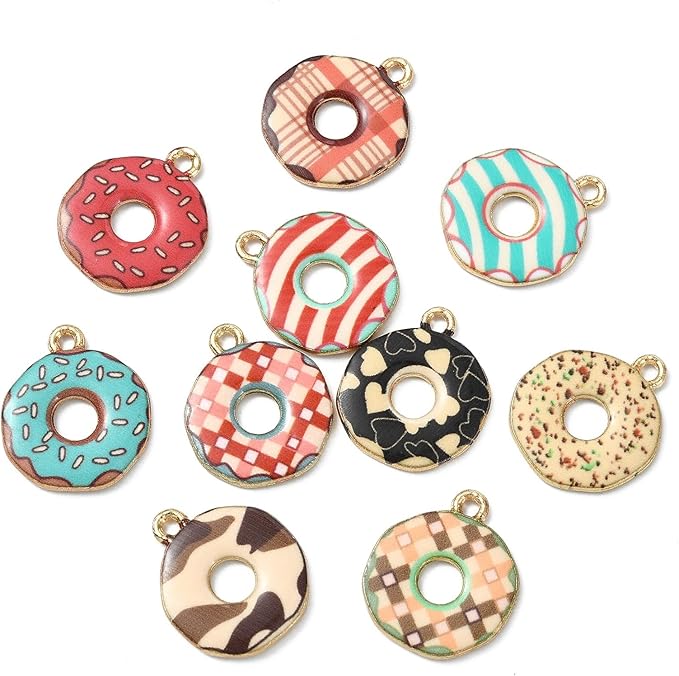 Stiesy 50 Pcs 10 Colors Dessert Donut Charms Pendants Cute Enamel Doughnut Food Alloy Metal Charms Bulk for Jewelry Crafts Necklace Bracelets Earring Making DIY Presents