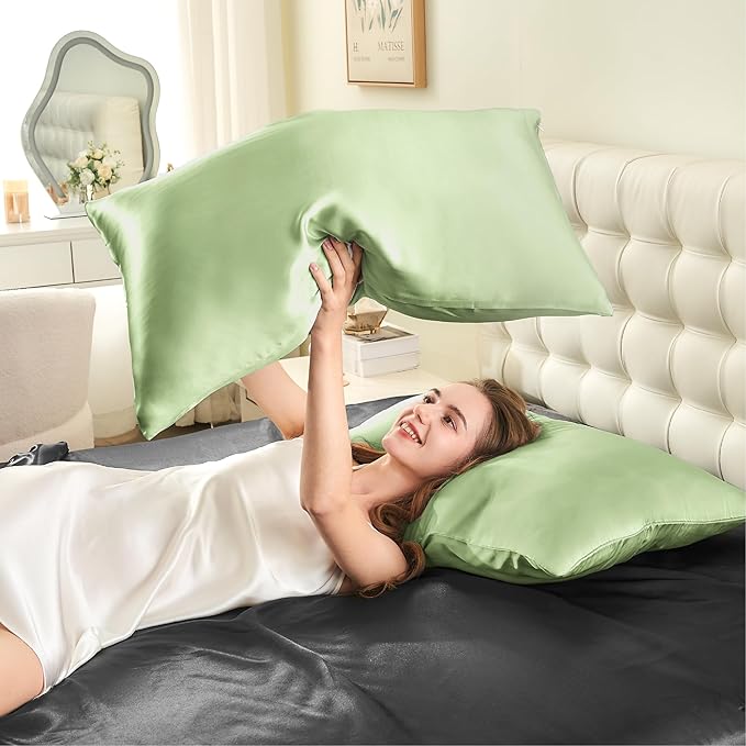 INFIIXSO Mulberry Silk Pillow Cases King Size Set of 2, Silk Pillowcase with Hidden Zipper 20"x36", Extraordinary Smooth and Soft Pillow Case for Hair and Skin(Sage Green, 2 Pack)
