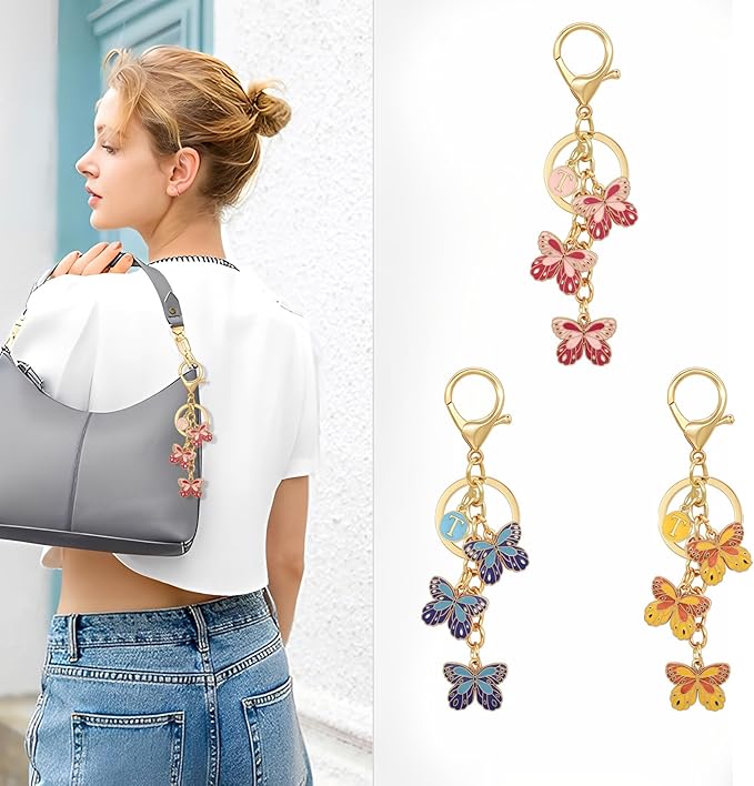 Double-sided Cute Butterfly Initial Letter keychain Butterfly Charms for key Handbag Backpack for Women