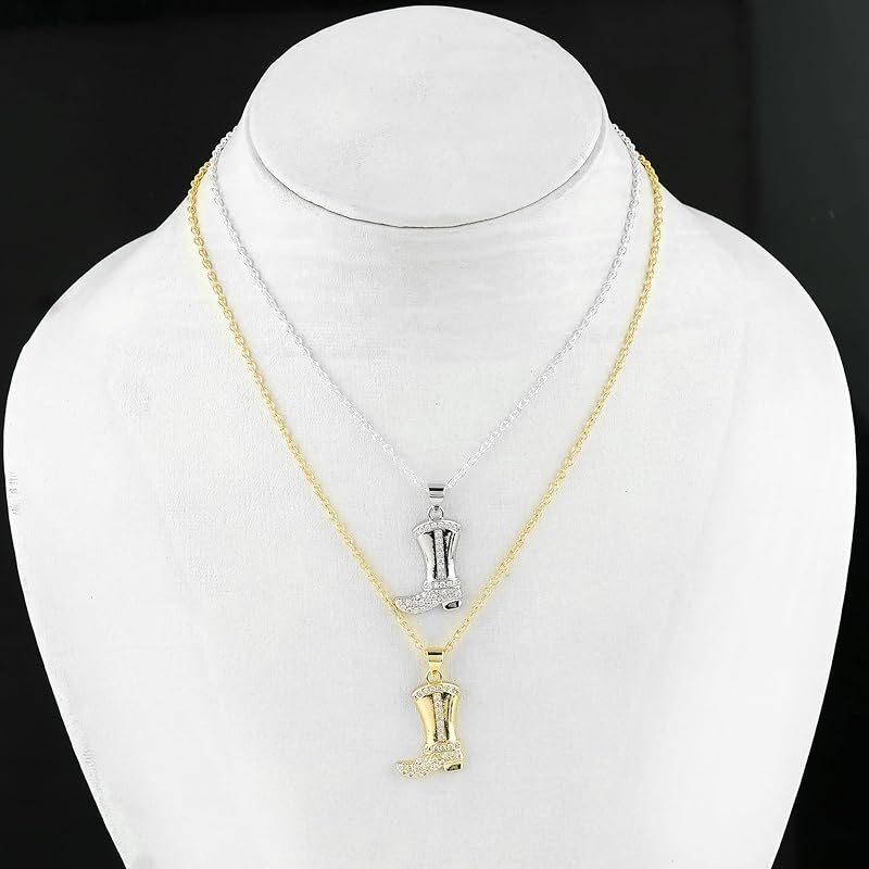 JOR Ladies Boot Charm with CZ Pendant Necklace, Style & Fashion Charm, Women Jewelry, Dainty Gold & Silver Plated Combo Chain 18 inch (Pack of 2)
