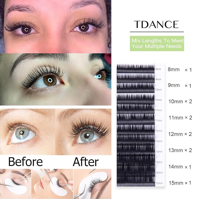 TDANCE Lash Extension Matte Black Eyelash Extension C CC D DD J B L Curl Volume & Classic Lash Extensions 0.03-0.18mm Thickness Professional Salon Use(0.05-C,8-15 mm)