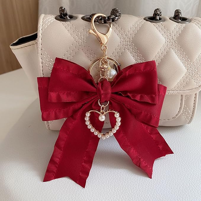 Ribbon Bowknot Bag Charms, Cute Pearl Heart Keyring Holder Purse Hanging Decorations Bag Handbag Pendant