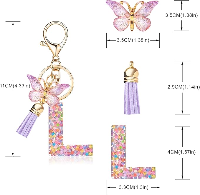 Fashion Alphabet Initial Letter Keychain Tassel Butterfly Pendant Key Ring for Purse Handbags Women Girl