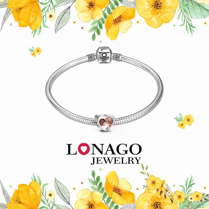 LONAGO 925 Sterling Silver Personalized Photo Charm Fit Compatible for Bracelet Necklace Customized Heart Round Shape Picture Bead