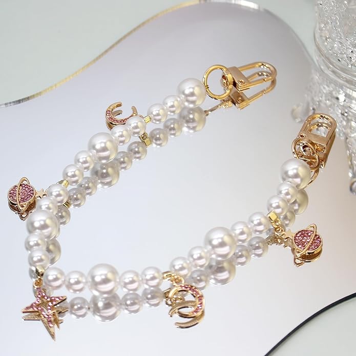 Pearl Beaded Phone Charm Wrist Strap,Cute Bracelet Wristlet Lanyard,Gold Double Chain for Phone Case,Purse Bag Wallet
